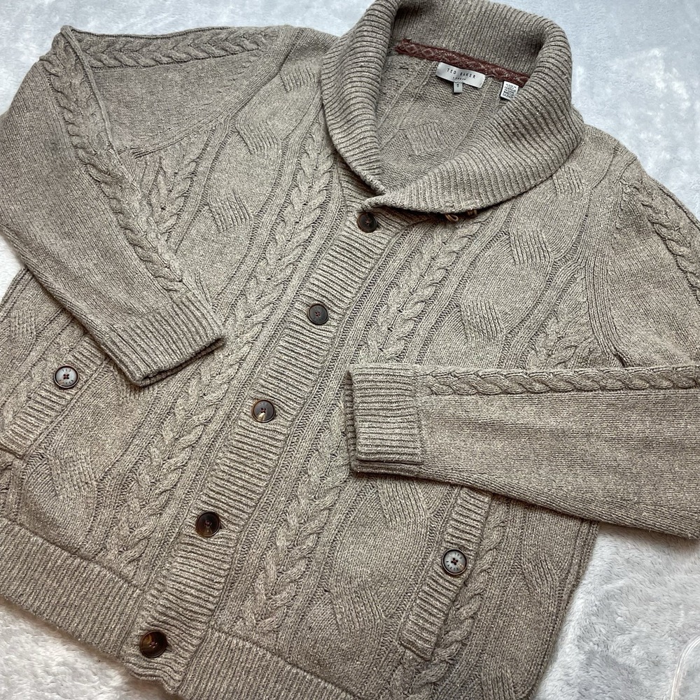 Ted Baker London Mens Shawl Collar Cardigan Size 5/XL Taupe Cable‎ Knit Preppy
